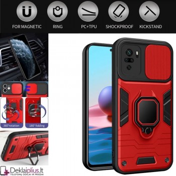 Smūgiams atsparus dėklas su žiedu ir  kameros apsauga - raudonas (telefonui Xiaomi Redmi Note 10/Note 10S/Poco M5S)